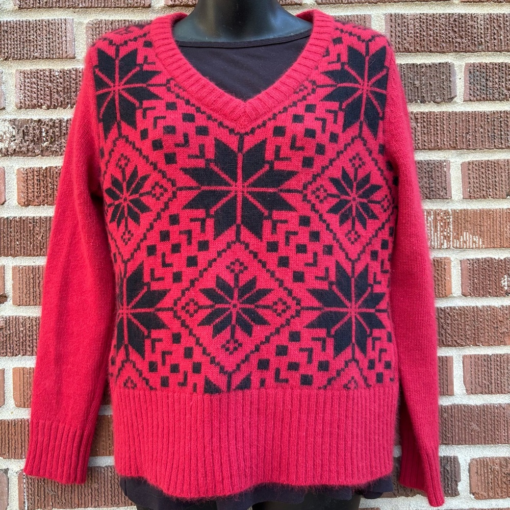 Covington Red Black Snowflake Angora Nylon Lambs Wool Blend V-Neck Sweater M